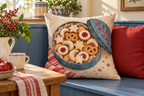 Christmas Cookie Tin Printed Pillow Cover, lifestyle view 2: A prominent single pillow on a sofa beside one plain solid-colored cushion; medium interior composition, product fills at least 40 percent of frame.
