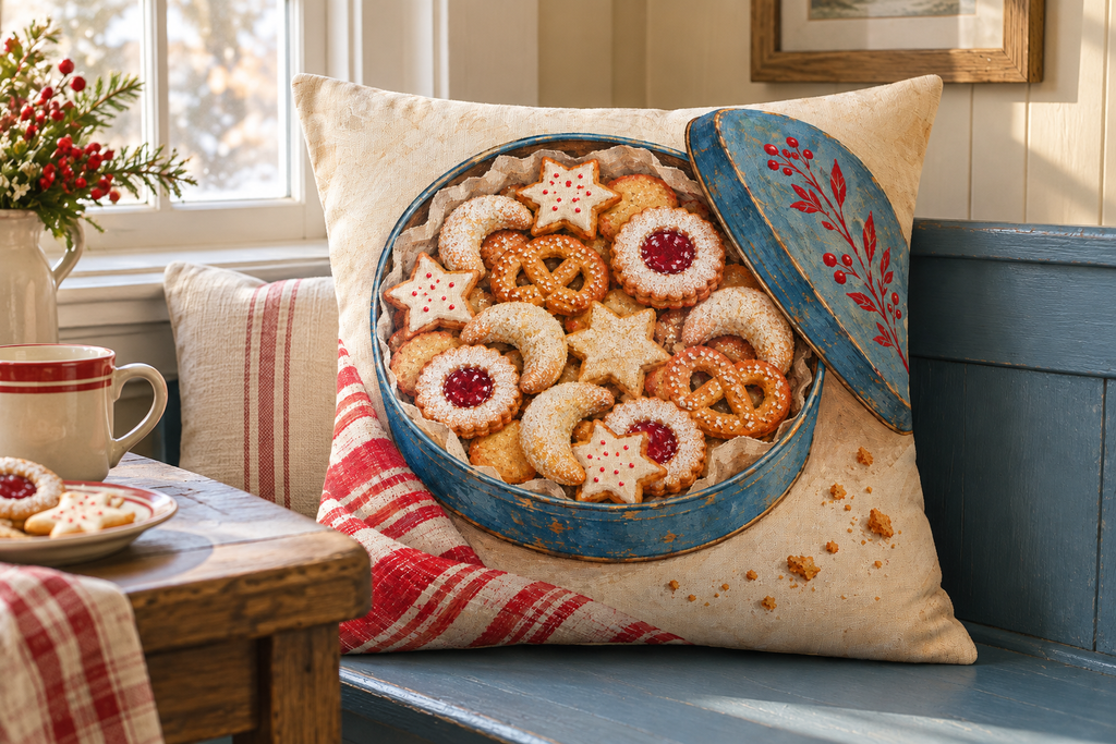 Christmas Cookie Tin Printed Pillow Cover, lifestyle view 4: Close editorial view on an indoor window bench, full pillow and all edges visible, gentle side light reveals the real textile texture.