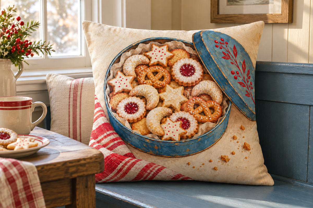 Christmas Cookie Tin Printed Pillow Cover, lifestyle view 4: Close editorial view on an indoor window bench, full pillow and all edges visible, gentle side light reveals the real textile texture.