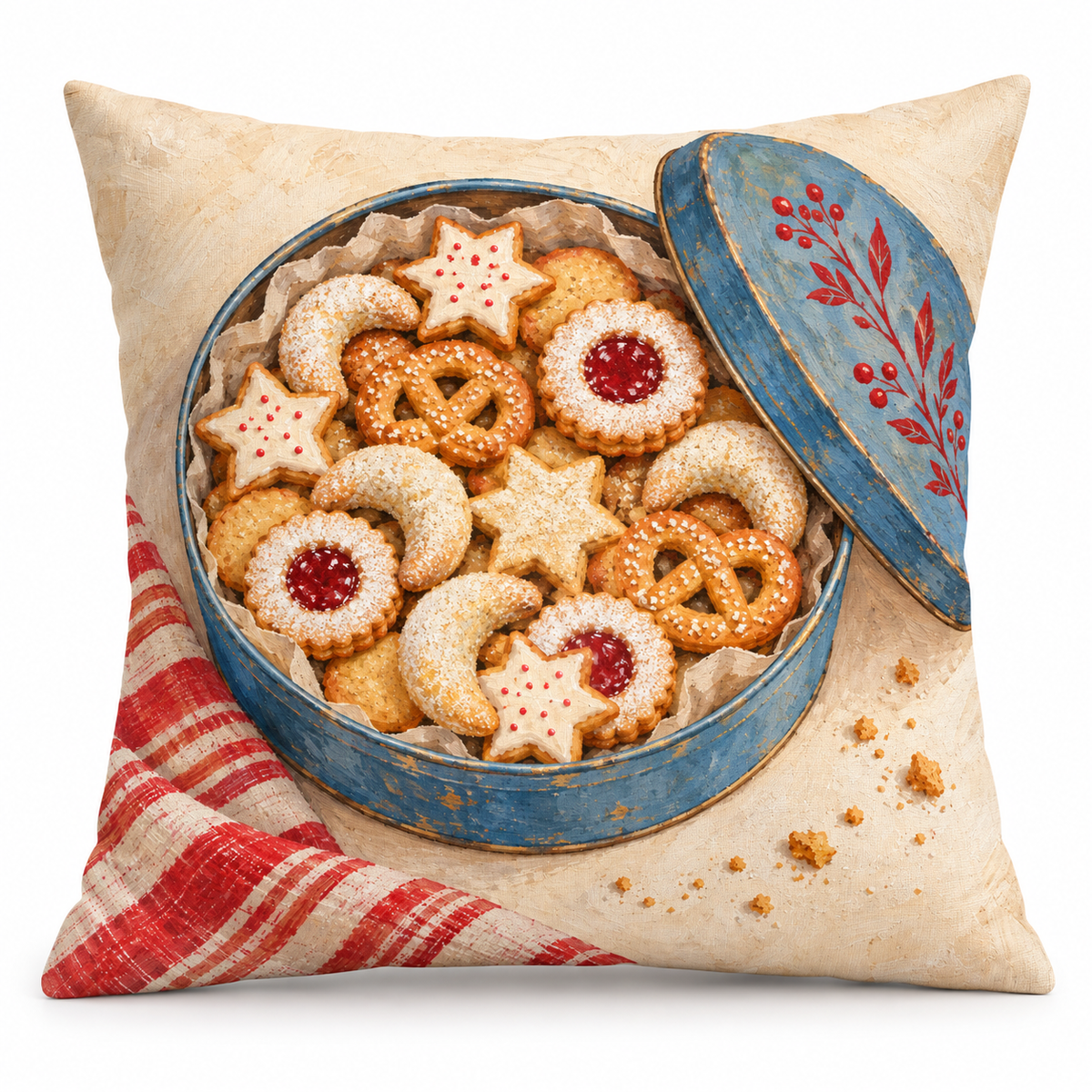 Christmas Cookie Tin Printed Pillow Cover on a white background, showing the complete printed design.