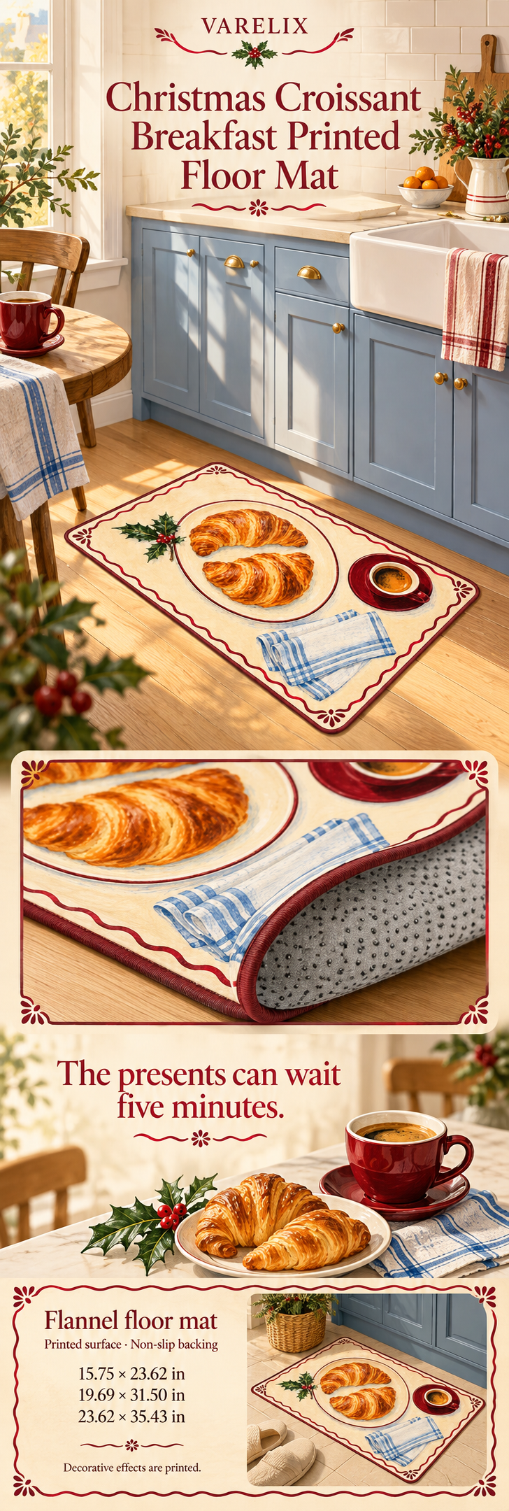Christmas Croissant Breakfast Printed Floor Mat by VARELIX, A+ detail poster with verified material, sizes and included items.