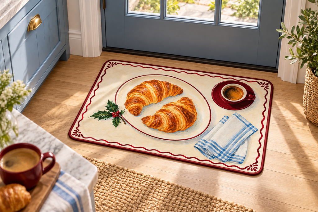 Christmas Croissant Breakfast Printed Floor Mat, lifestyle view 1: One mat laid flat INSIDE the front door, full landscape mat and all four rounded corners visible at small accent-mat scale, angled downward photography.
