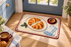 Christmas Croissant Breakfast Printed Floor Mat, lifestyle view 1: One mat laid flat INSIDE the front door, full landscape mat and all four rounded corners visible at small accent-mat scale, angled downward photography.
