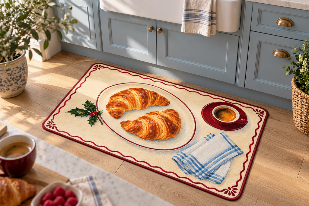 Christmas Croissant Breakfast Printed Floor Mat, lifestyle view 2: One mat on the kitchen floor in front of a sink or coffee station, full printed surface readable, no furniture hiding the design.