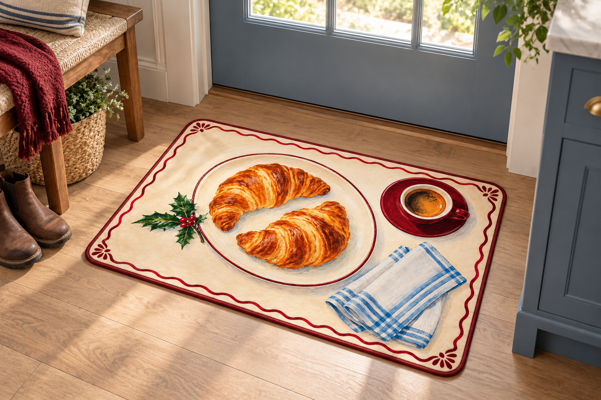 Christmas Croissant Breakfast Printed Floor Mat, lifestyle view 3: One mat in a tidy indoor mudroom beside a small bench, photographed slightly above with realistic 16 by 24 inch scale.