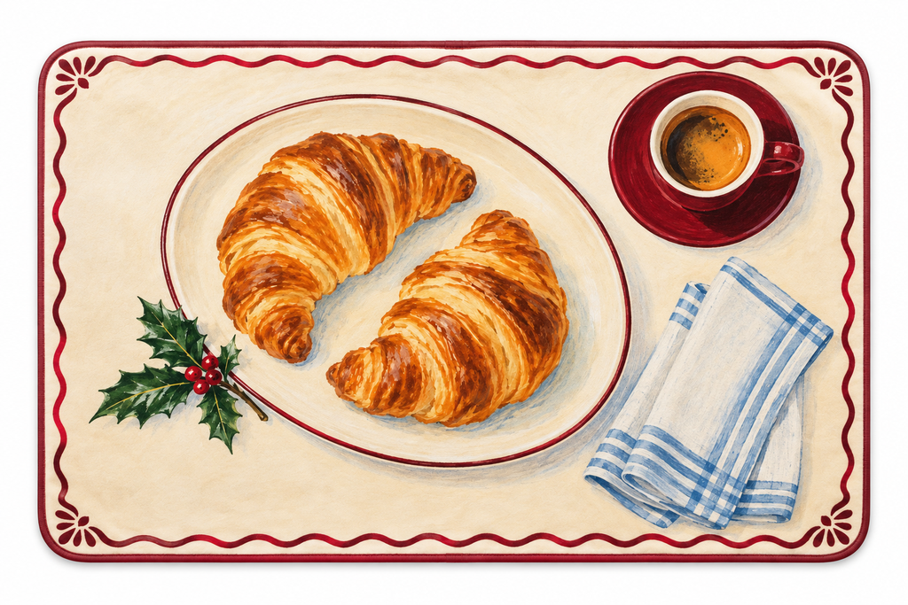 Christmas Croissant Breakfast Printed Floor Mat on a white background, showing the complete printed design.