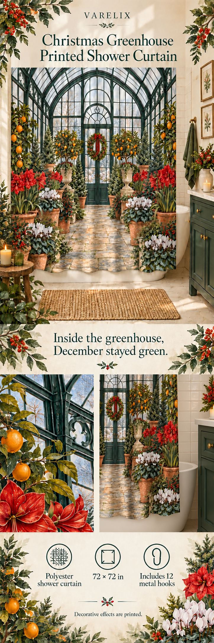 Christmas Greenhouse Printed Shower Curtain by VARELIX, A+ detail poster with verified material, sizes and included items.