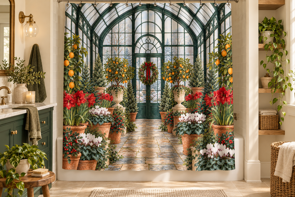 Christmas Greenhouse Printed Shower Curtain, lifestyle view 1: Curtain fully drawn across a standard tub, nearly frontal view, entire square print readable, top rail and hooks cropped completely OUT OF FRAME; square print readable; no floor-length distortion.