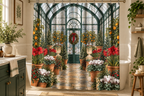 Christmas Greenhouse Printed Shower Curtain, lifestyle view 2: Three-quarter view of a standard tub and square curtain, upper hardware cropped OUT OF FRAME, full printed motif visible with soft vertical folds, no window or fixture passing through cloth.