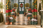 Christmas Greenhouse Printed Shower Curtain, lifestyle view 4: Closer front-angle bathroom view focused on the full square printed curtain, restrained surroundings, realistic fabric folds without hiding the central design; top hardware cropped OUT OF FRAME.