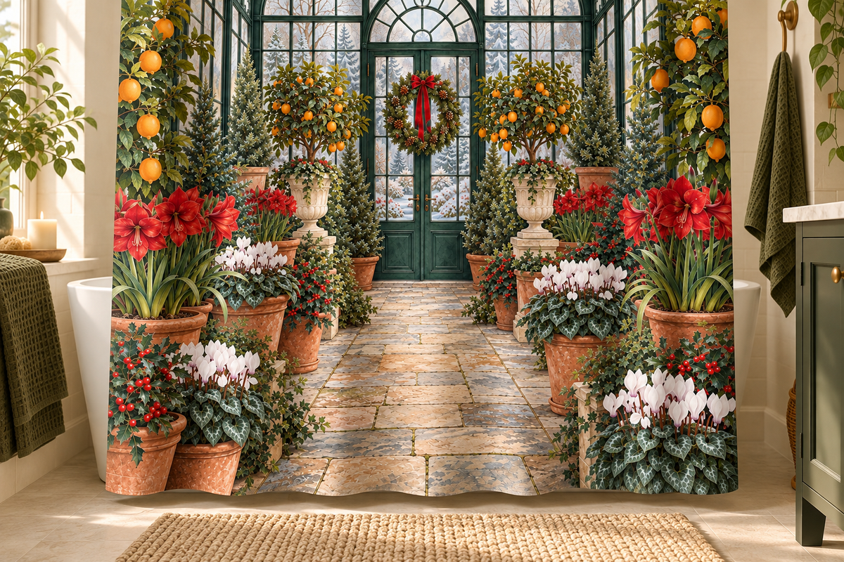 Christmas Greenhouse Printed Shower Curtain, lifestyle view 4: Closer front-angle bathroom view focused on the full square printed curtain, restrained surroundings, realistic fabric folds without hiding the central design; top hardware cropped OUT OF FRAME.