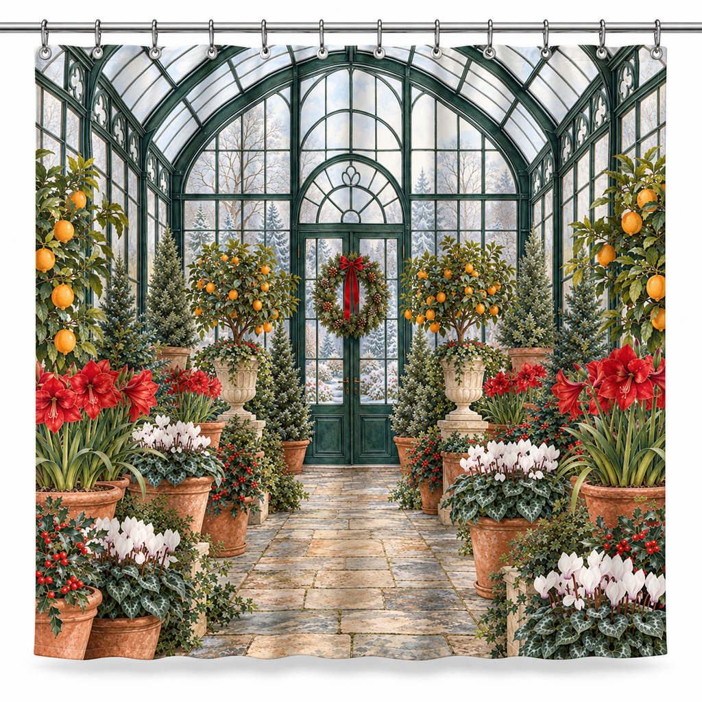 Christmas Greenhouse Printed Shower Curtain on a white background, showing the complete printed design.