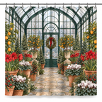 Christmas Greenhouse Printed Shower Curtain on a white background, showing the complete printed design.