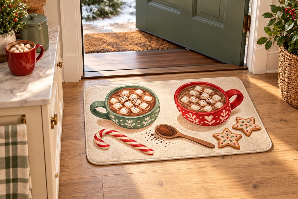 Christmas Hot Cocoa Printed Floor Mat, lifestyle view 1: One mat laid flat INSIDE the front door, full landscape mat and all four rounded corners visible at small accent-mat scale, angled downward photography.