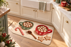Christmas Hot Cocoa Printed Floor Mat, lifestyle view 2: One mat on the kitchen floor in front of a sink or coffee station, full printed surface readable, no furniture hiding the design.