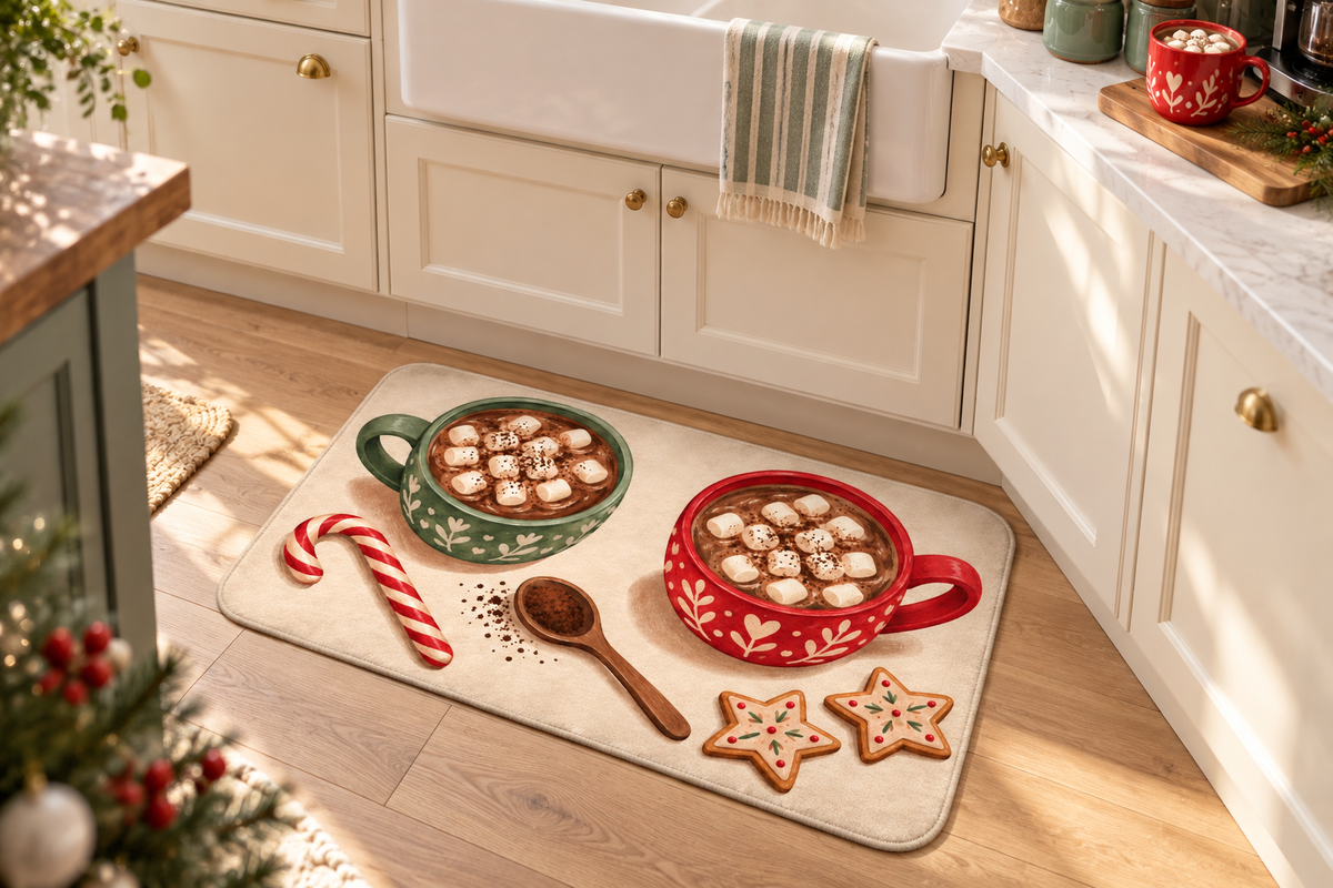 Christmas Hot Cocoa Printed Floor Mat, lifestyle view 2: One mat on the kitchen floor in front of a sink or coffee station, full printed surface readable, no furniture hiding the design.