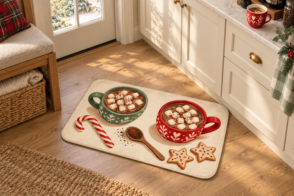 Christmas Hot Cocoa Printed Floor Mat, lifestyle view 3: One mat in a tidy indoor mudroom beside a small bench, photographed slightly above with realistic 16 by 24 inch scale.