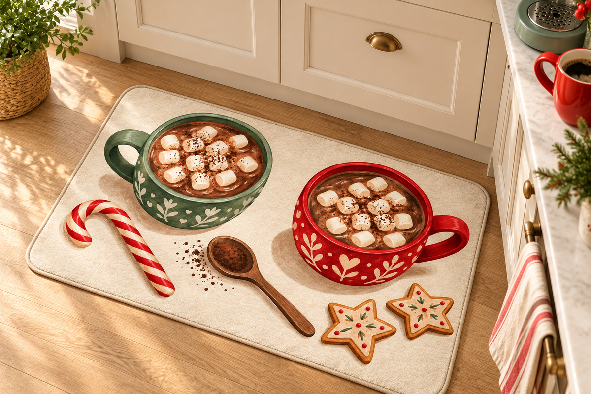 Christmas Hot Cocoa Printed Floor Mat, lifestyle view 4: Close overhead-oblique view of one mat on a clean pale-wood floor near a cabinet, all four corners in frame, soft side light reveals short flannel nap.
