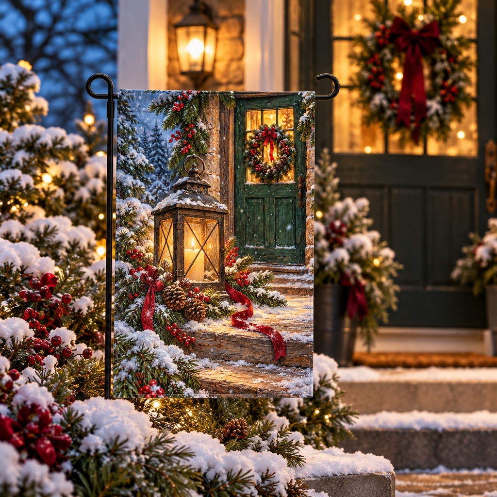 Lantern Christmas garden flag beside a warmly lit American cottage porch at dusk.