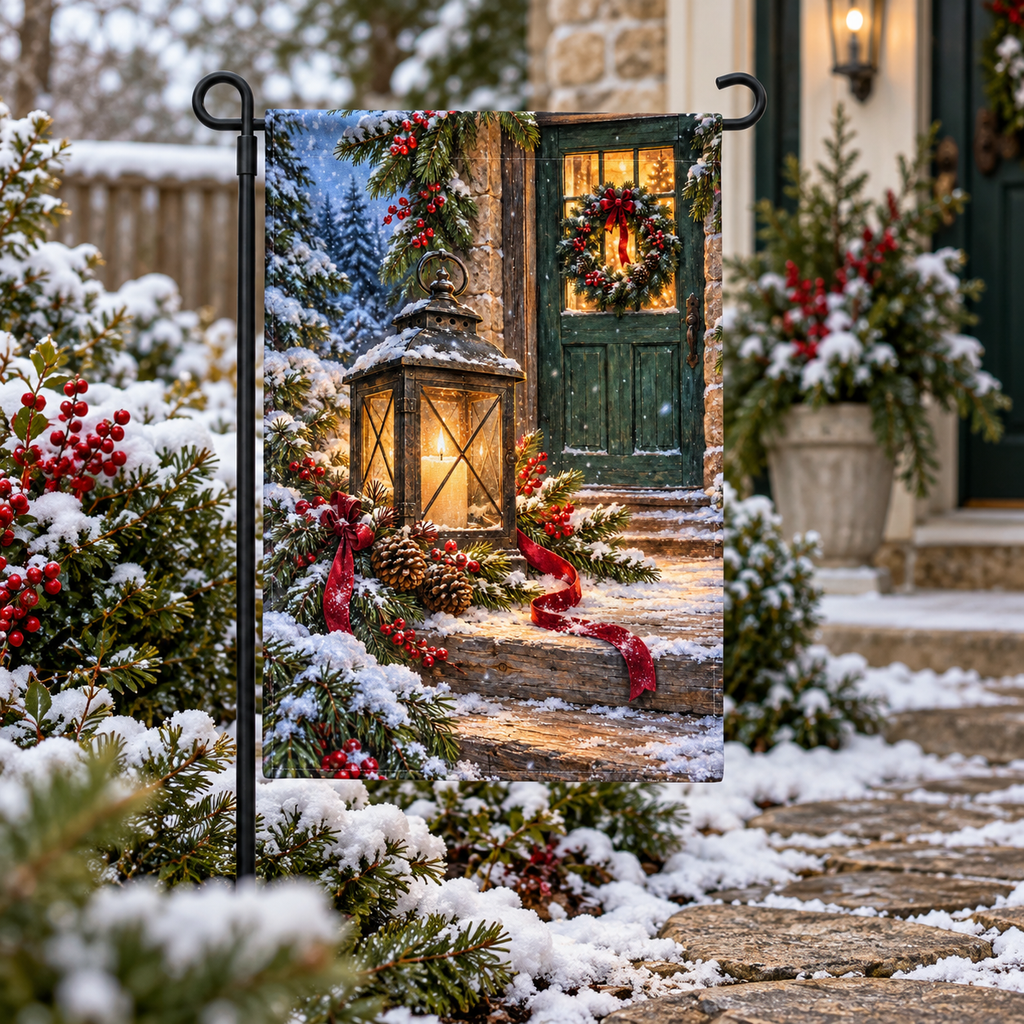Christmas lantern flag on a black stand beside a garden path with winter greenery.