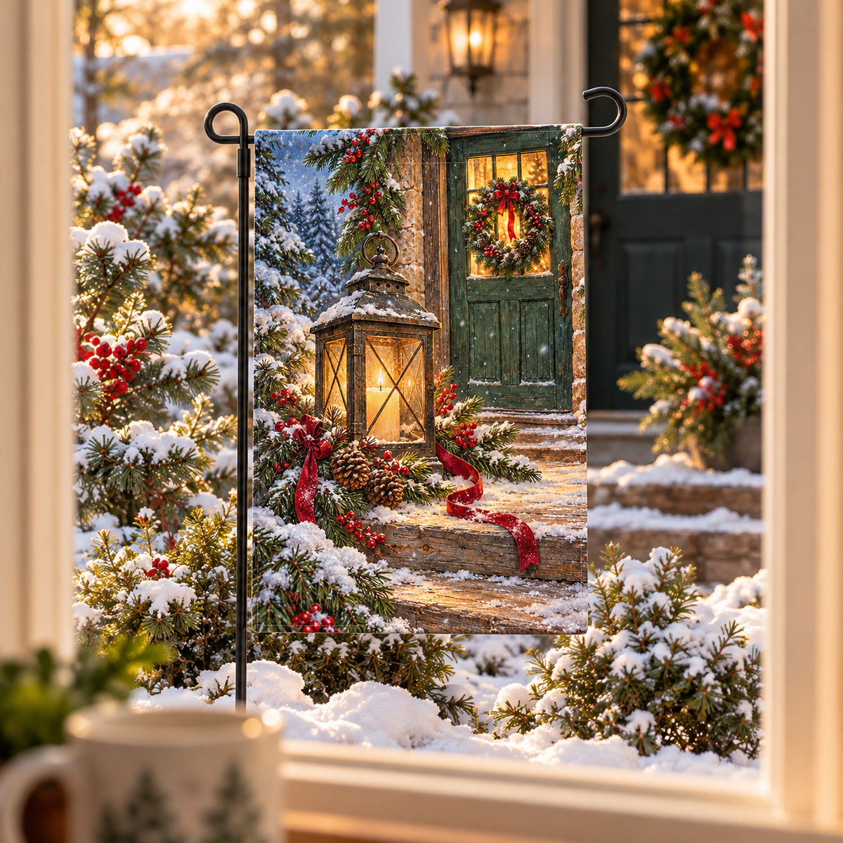 Lantern and evergreen garden flag viewed through a cottage kitchen window.
