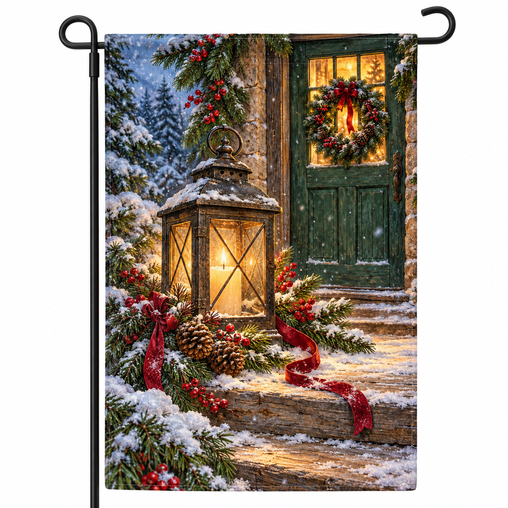 Christmas lantern garden flag on a black display stand against a white background.