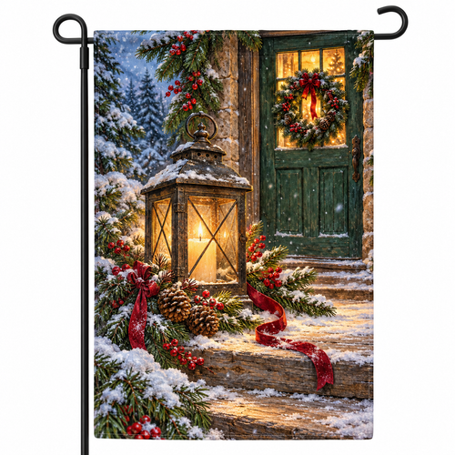 Christmas lantern garden flag on a black display stand against a white background.
