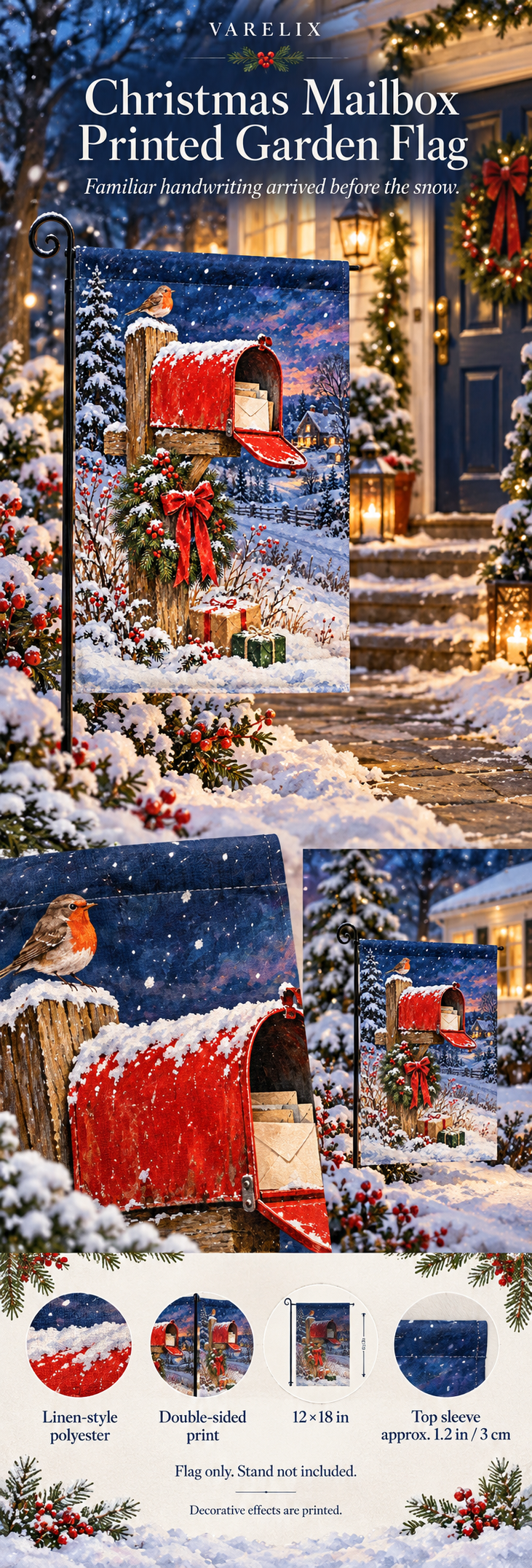 Christmas Mailbox Printed Garden Flag by VARELIX, A+ detail poster with verified material, sizes and included items.
