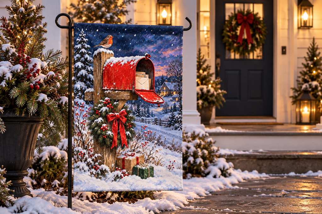 Christmas Mailbox Printed Garden Flag, lifestyle view 1: One flag on a simple separate black L-shaped garden stake beside a front porch planter, all of the flag readable, late-afternoon natural light.