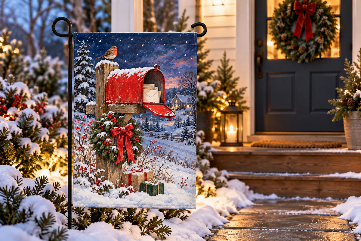 Christmas Mailbox Printed Garden Flag, lifestyle view 2: One flag on a separate black garden stake along a short garden path, lower garden view with planting behind; no people, full rectangle visible.