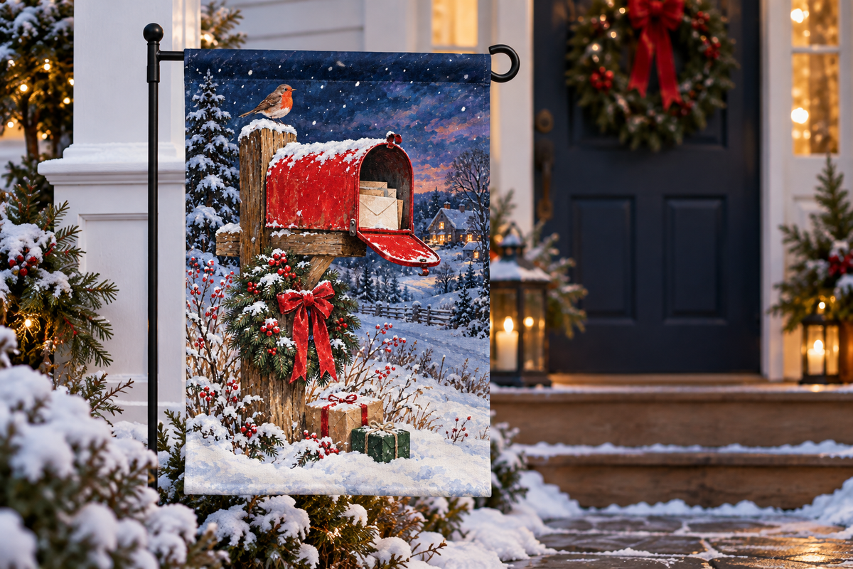 Christmas Mailbox Printed Garden Flag, lifestyle view 3: Closer view of the flag on its separate black L-shaped stake near a porch post, the real cloth top sleeve threading over the horizontal bar, print clearly readable.
