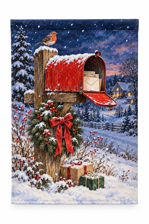 Christmas Mailbox Printed Garden Flag on a white background, showing the complete printed design.