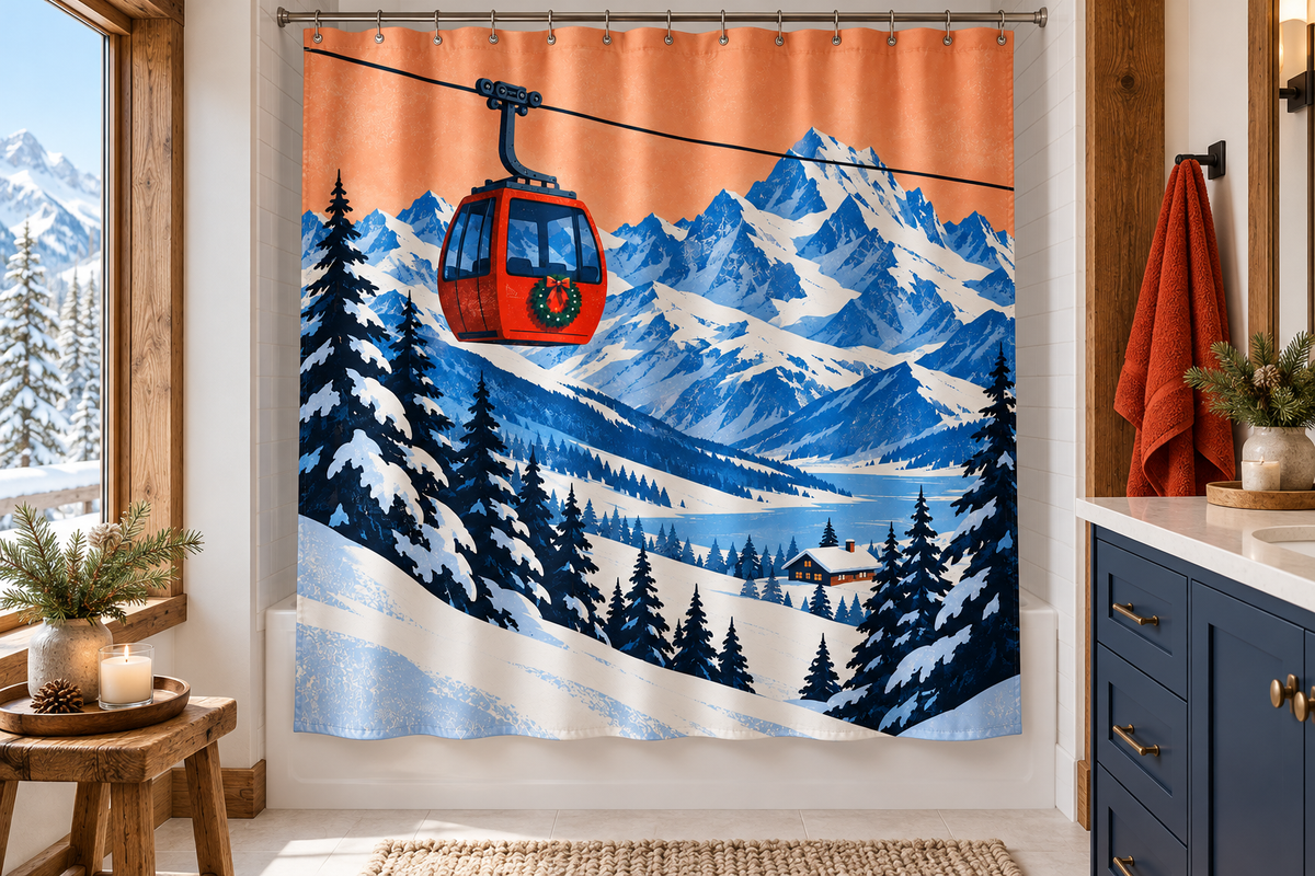 Christmas Mountain Gondola Printed Shower Curtain, lifestyle view 1: Curtain fully drawn across a standard tub, nearly frontal view, entire square print readable, top rail and hooks cropped completely OUT OF FRAME; square print readable; no floor-length distortion.