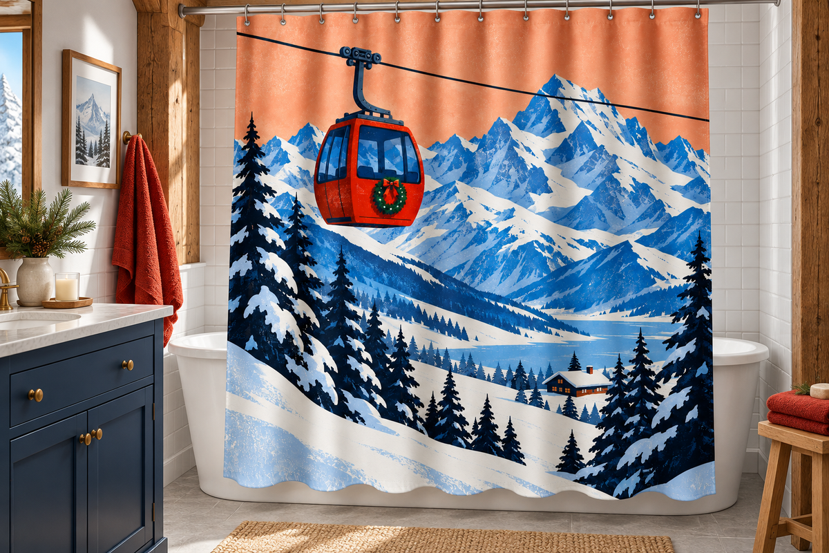 Christmas Mountain Gondola Printed Shower Curtain, lifestyle view 2: Three-quarter view of a standard tub and square curtain, upper hardware cropped OUT OF FRAME, full printed motif visible with soft vertical folds, no window or fixture passing through cloth.