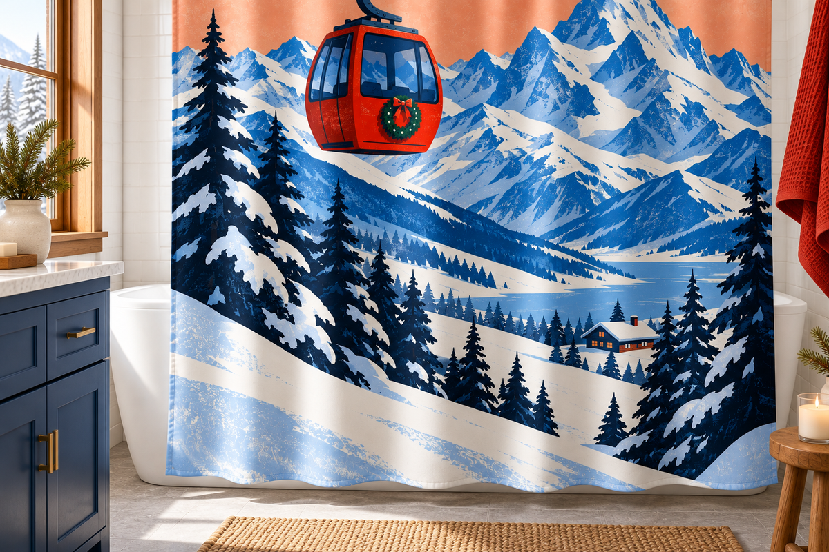 Christmas Mountain Gondola Printed Shower Curtain, lifestyle view 3: A bright bathroom with square curtain as the dominant focal wall, medium-wide editorial view, top hardware deliberately cropped OUT OF FRAME, camera at natural eye level.