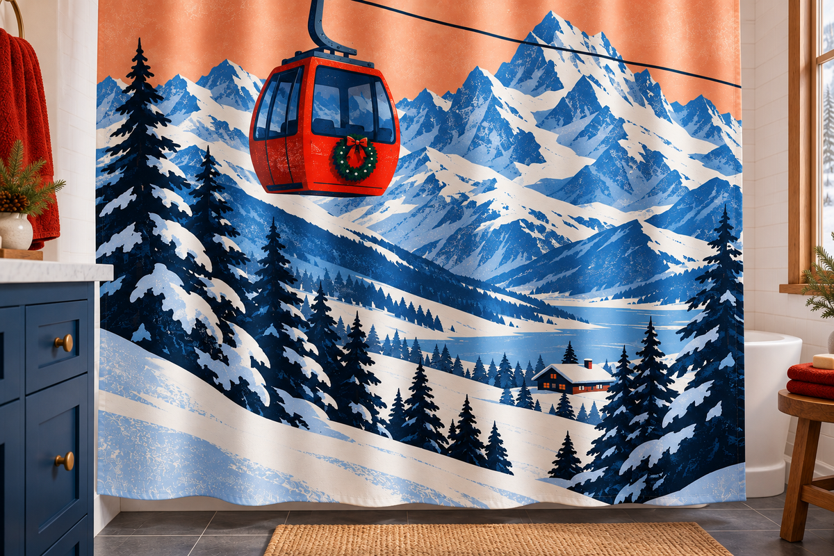 Christmas Mountain Gondola Printed Shower Curtain, lifestyle view 4: Closer front-angle bathroom view focused on the full square printed curtain, restrained surroundings, realistic fabric folds without hiding the central design; top hardware cropped OUT OF FRAME.
