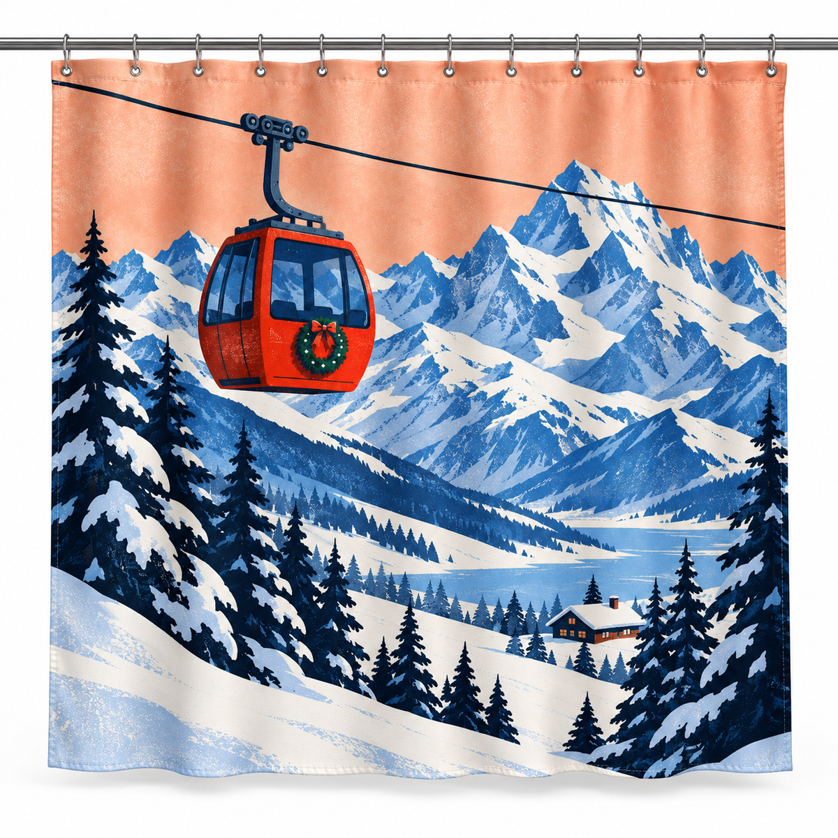 Christmas Mountain Gondola Printed Shower Curtain on a white background, showing the complete printed design.