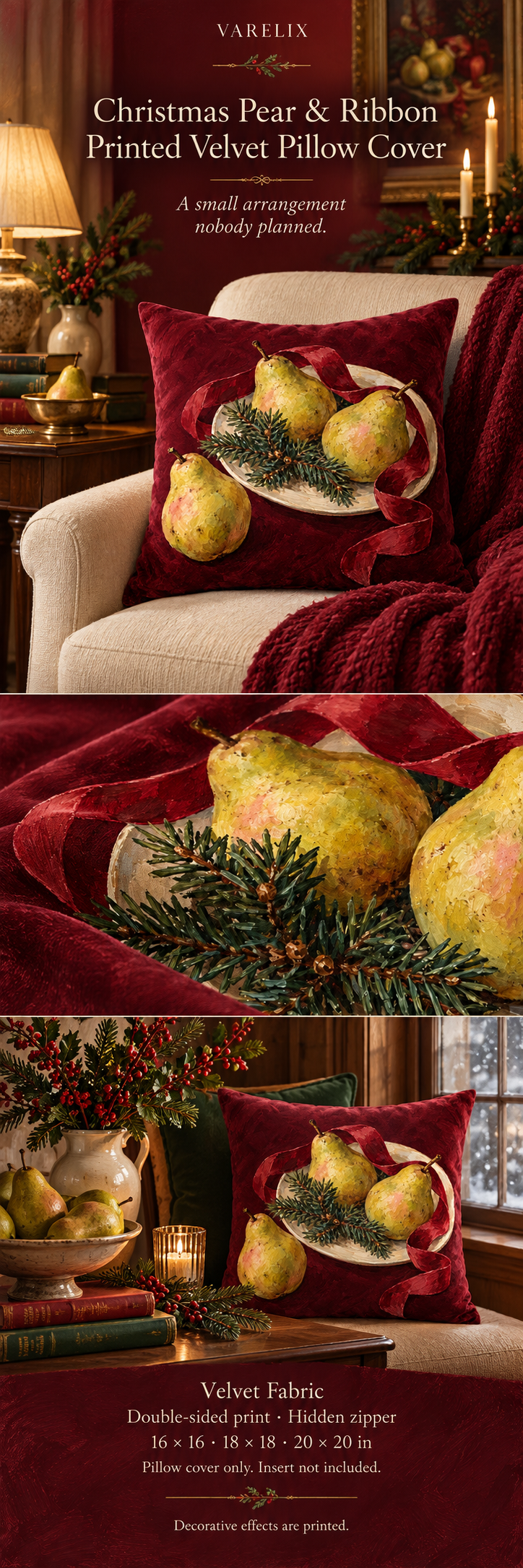 Christmas Pear & Ribbon Printed Velvet Pillow Cover by VARELIX, A+ detail poster with verified material, sizes and included items.