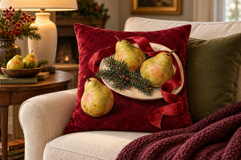 Christmas Pear & Ribbon Printed Velvet Pillow Cover, lifestyle view 2: A prominent single pillow on a sofa beside one plain solid-colored cushion; medium interior composition, product fills at least 40 percent of frame.