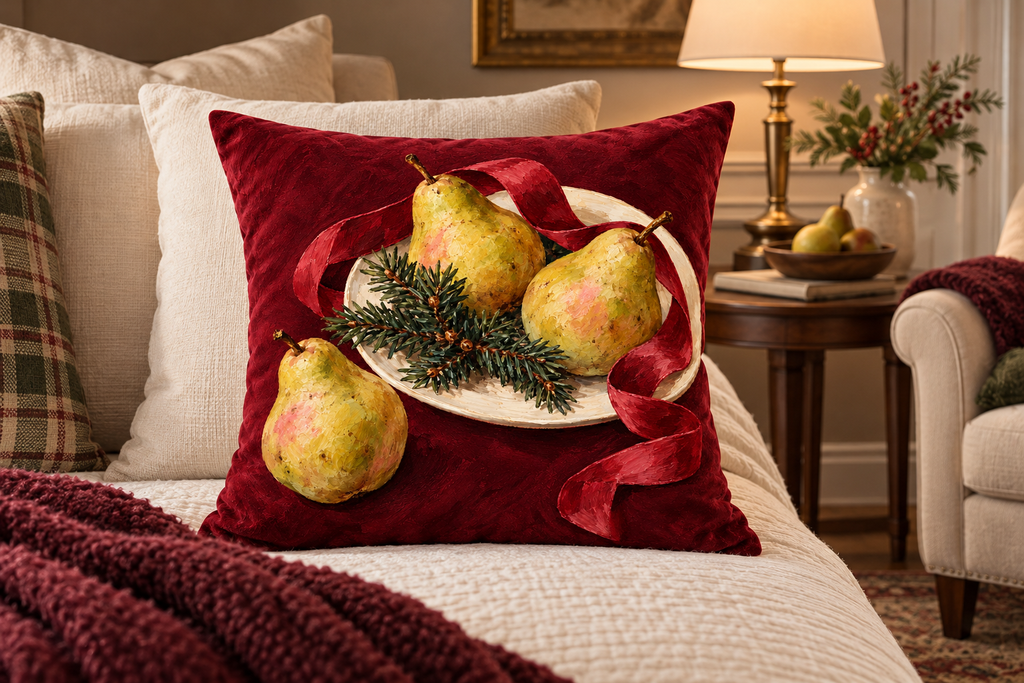 Christmas Pear & Ribbon Printed Velvet Pillow Cover, lifestyle view 3: Centered in front of plain pillows on a neatly made guest bed; eye-level composition, believable 18-inch pillow scale.
