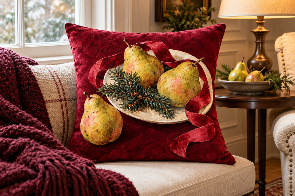 Christmas Pear & Ribbon Printed Velvet Pillow Cover, lifestyle view 4: Close editorial view on an indoor window bench, full pillow and all edges visible, gentle side light reveals the real textile texture.