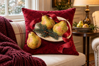 Christmas Pear & Ribbon Printed Velvet Pillow Cover, lifestyle view 4: Close editorial view on an indoor window bench, full pillow and all edges visible, gentle side light reveals the real textile texture.