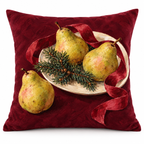 Christmas Pear & Ribbon Printed Velvet Pillow Cover on a white background, showing the complete printed design.