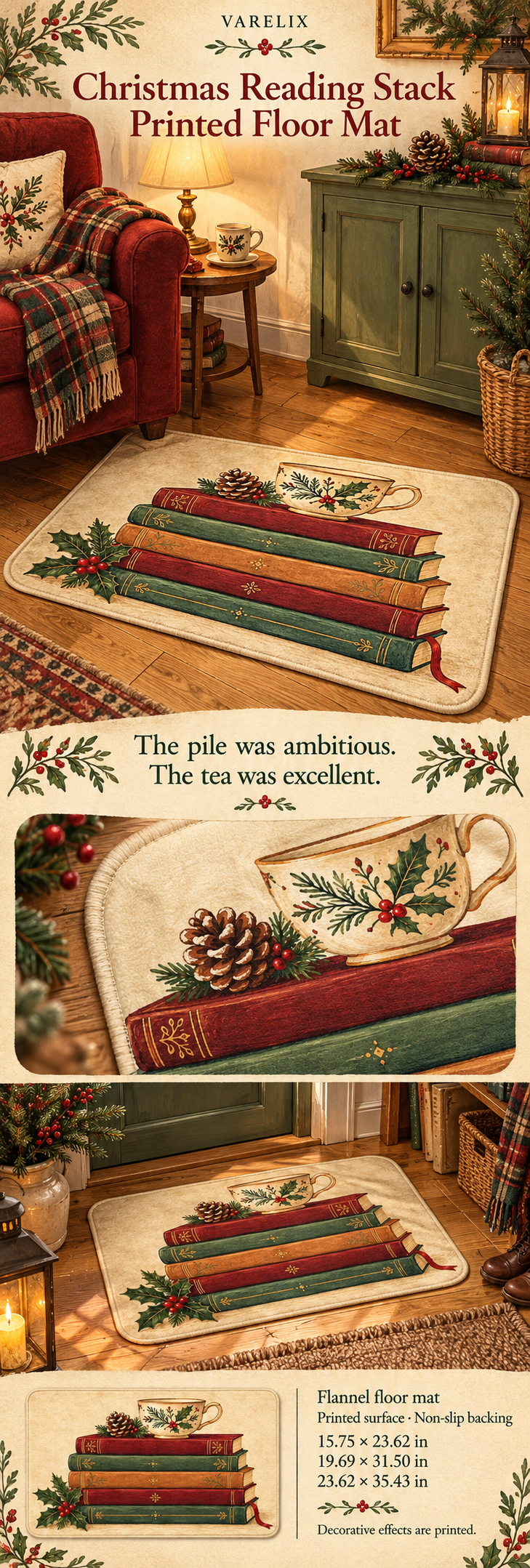 Christmas Reading Stack Printed Floor Mat by VARELIX, A+ detail poster with verified material, sizes and included items.