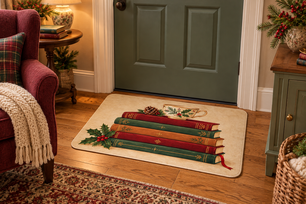 Christmas Reading Stack Printed Floor Mat, lifestyle view 1: One mat laid flat INSIDE the front door, full landscape mat and all four rounded corners visible at small accent-mat scale, angled downward photography.