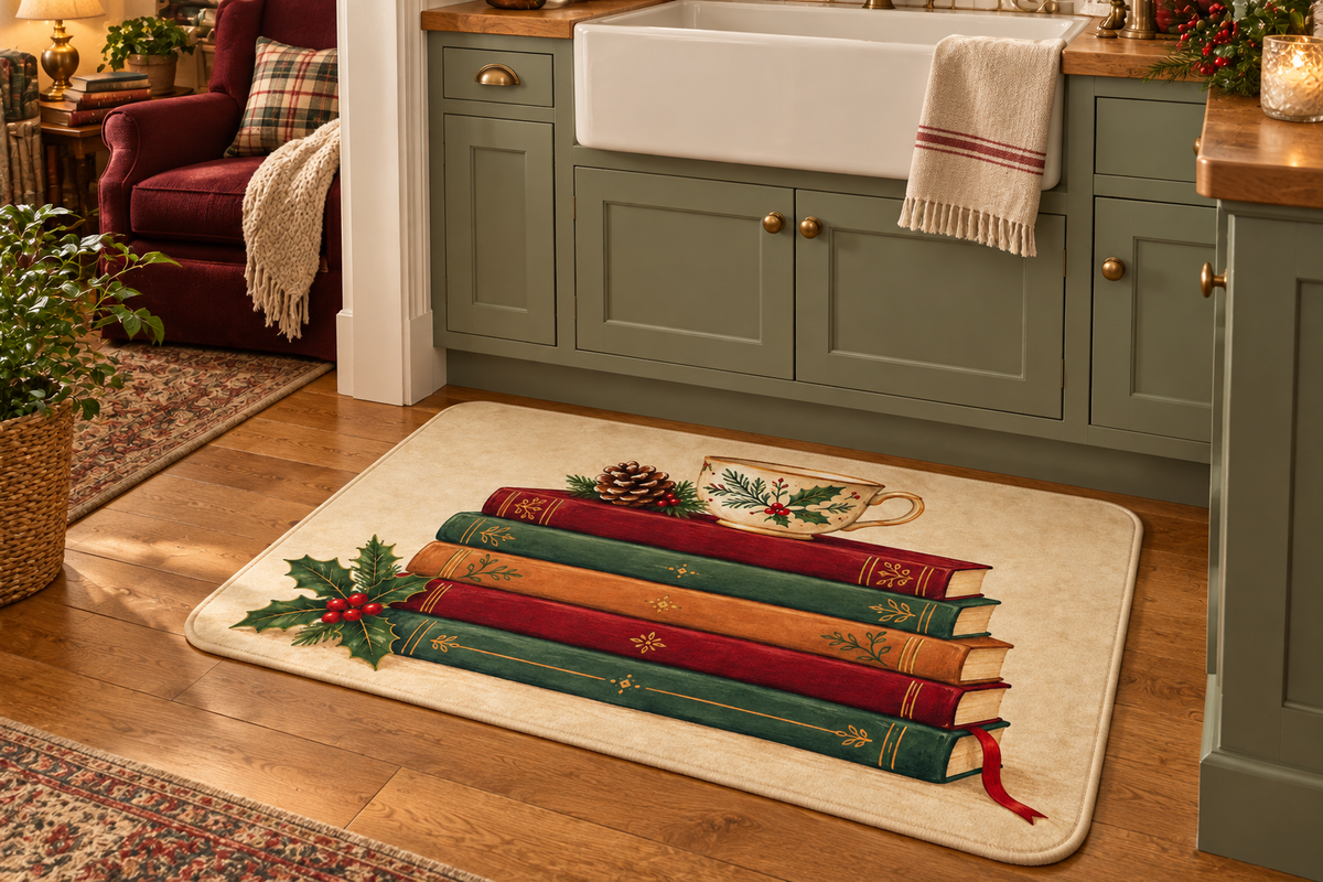 Christmas Reading Stack Printed Floor Mat, lifestyle view 2: One mat on the kitchen floor in front of a sink or coffee station, full printed surface readable, no furniture hiding the design.