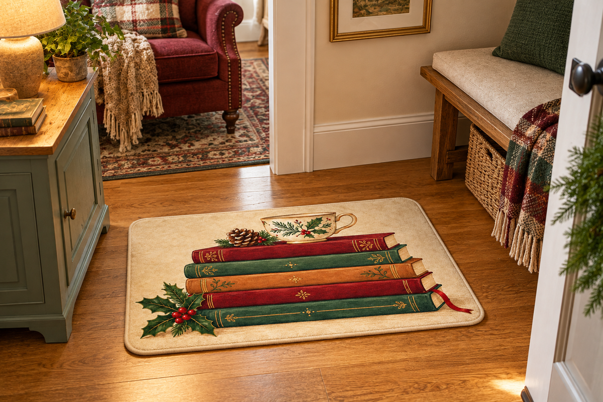 Christmas Reading Stack Printed Floor Mat, lifestyle view 3: One mat in a tidy indoor mudroom beside a small bench, photographed slightly above with realistic 16 by 24 inch scale.
