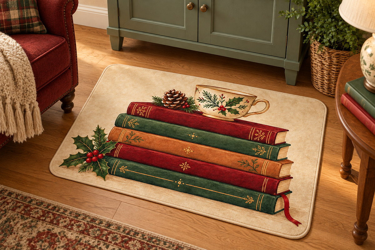 Christmas Reading Stack Printed Floor Mat, lifestyle view 4: Close overhead-oblique view of one mat on a clean pale-wood floor near a cabinet, all four corners in frame, soft side light reveals short flannel nap.