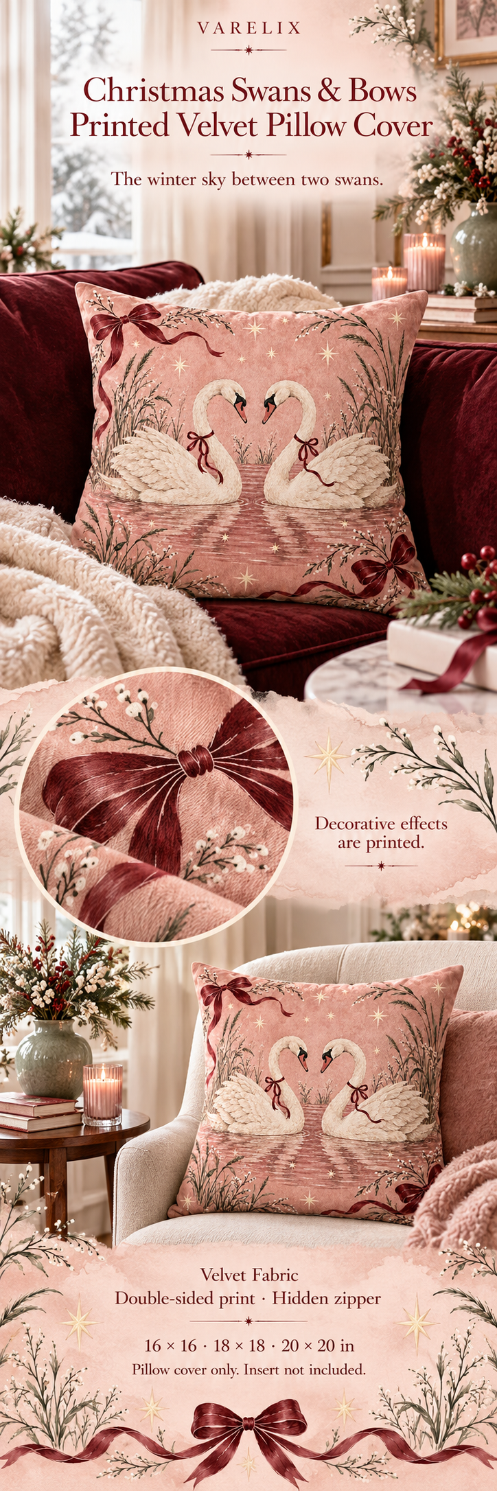 Christmas Swans & Bows Printed Velvet Pillow Cover by VARELIX, A+ detail poster with verified material, sizes and included items.