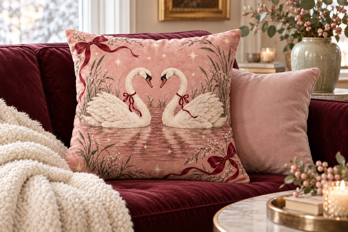 Christmas Swans & Bows Printed Velvet Pillow Cover, lifestyle view 2: A prominent single pillow on a sofa beside one plain solid-colored cushion; medium interior composition, product fills at least 40 percent of frame.